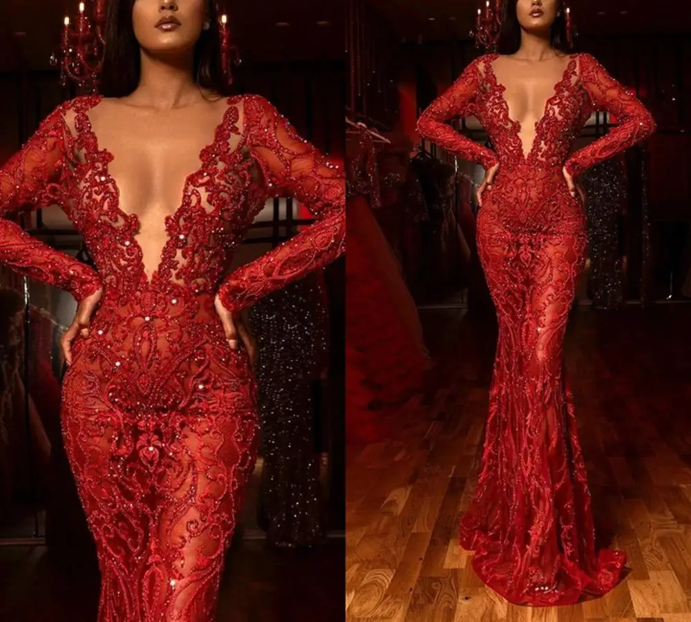 

Red Mermaid Evening Dresses Deep V Neck Lace Beaded Appliques Luxury Long Sleeve Prom Dress Sweep Train Robes De Soirée