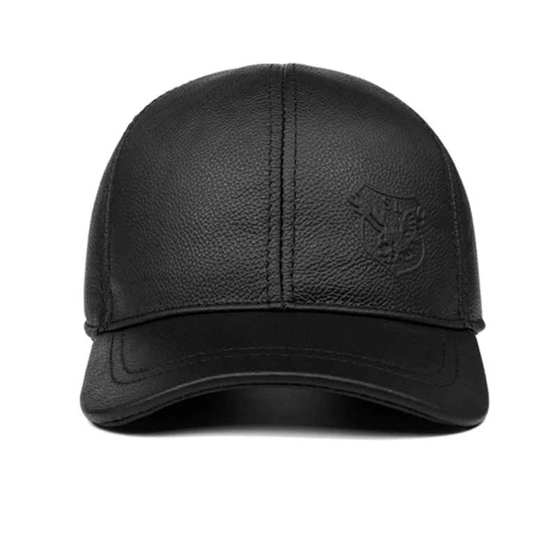 Branded New Mens Genuine Leather Baseball Caps Male Printed Casual Brown/Black Ear Warm Hats With Tab Dad Gift Golf Chapeau