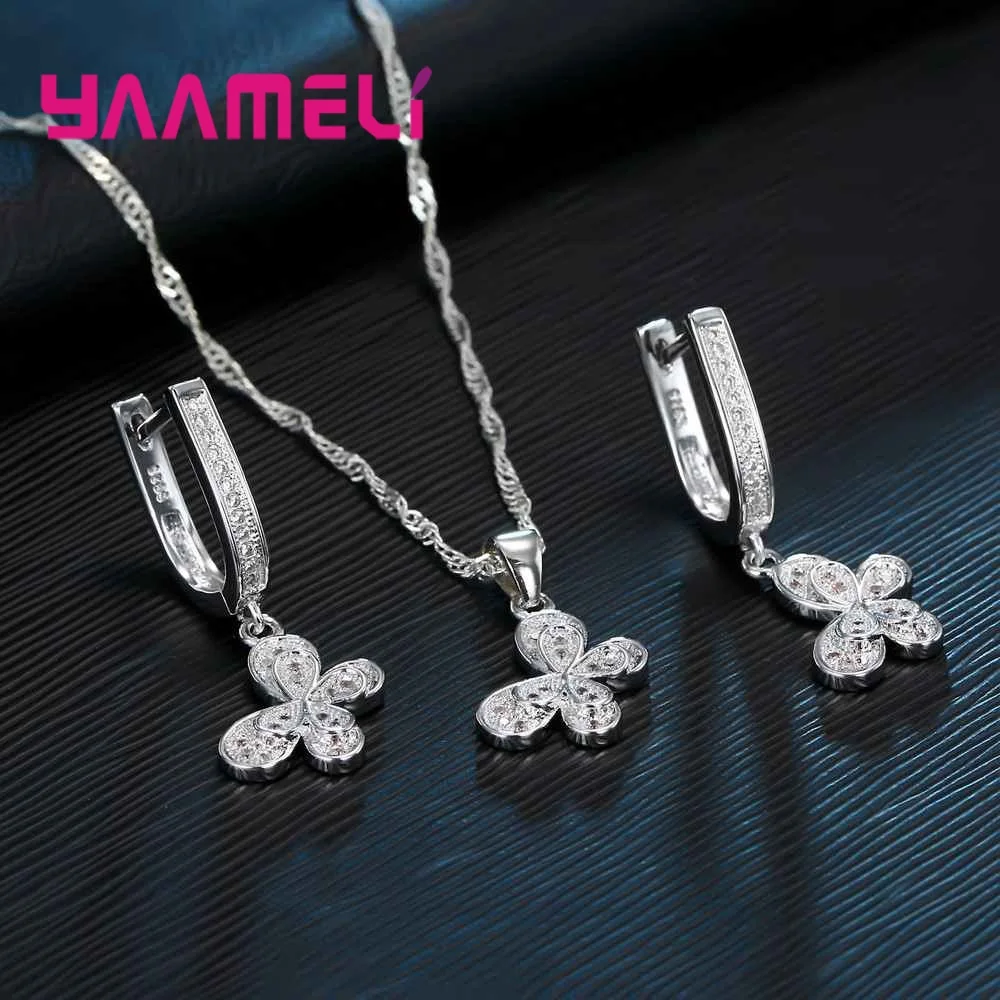 100% Real 925 Sterling Silver Jewelry Sets For Women Gifts Cubic Zirconia Inlay Paved Butterfly Bridal Necklace Earrings