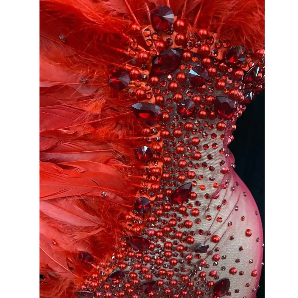 Luxury Red Crystal Evening See Through Mesh Dress Women Banquet Halter Rhinestone Feather Dress Sexy Party Floor Length Dress