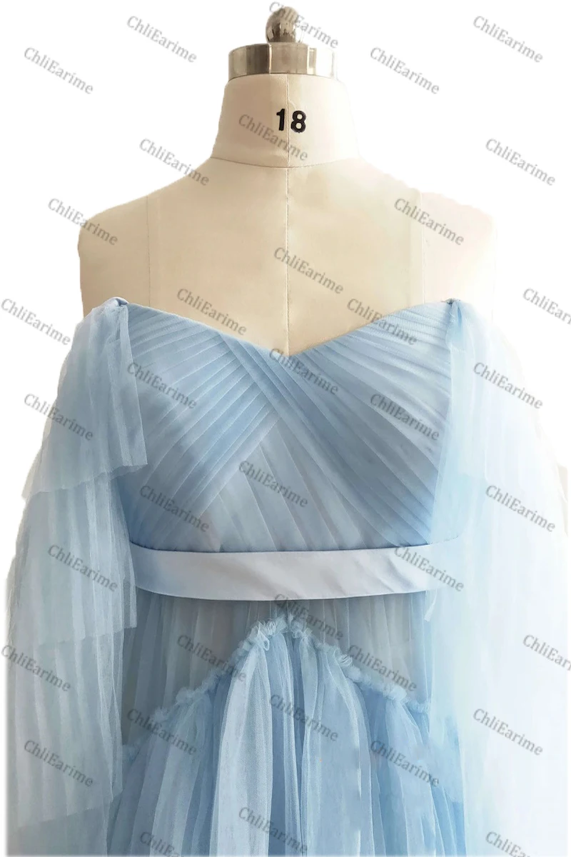 Light blue maternity dress pleated tulle long gown