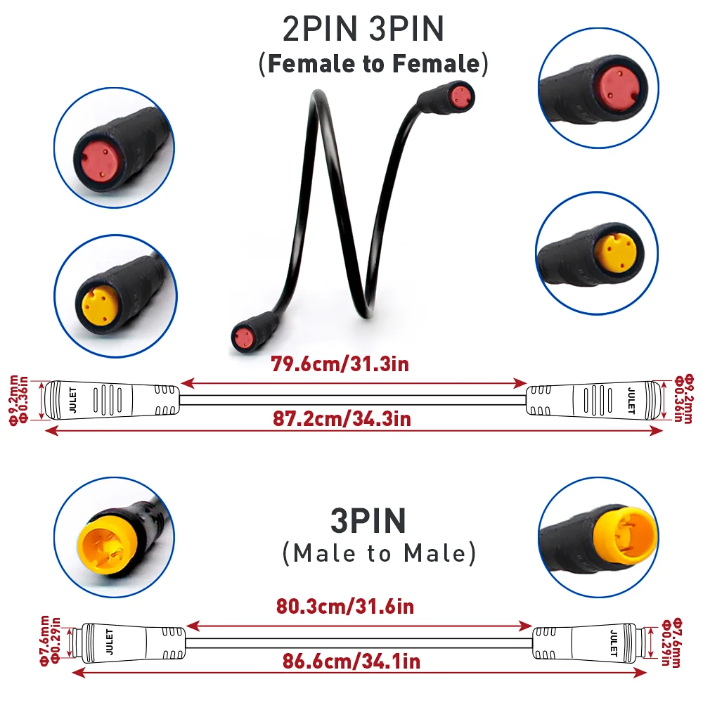 Impermeável Julet Conversão Linha, Cabo de Extensão para exibição do acelerador, Ebrake Luz, Ebike Cable2 3 4 5 6Pin