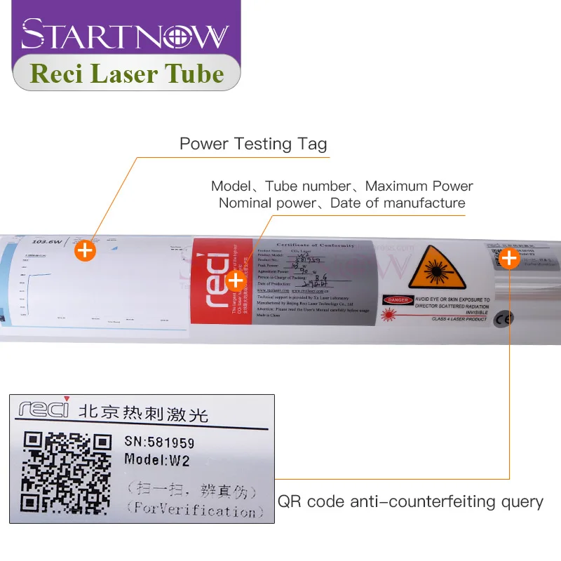 CO2 Reci Laser Tube W4 T4 100W 120W D80 S4 Z4 V4 Wooden Box Packing For 130W CO2 High Power Lamp Matching With DY20 Power Supply