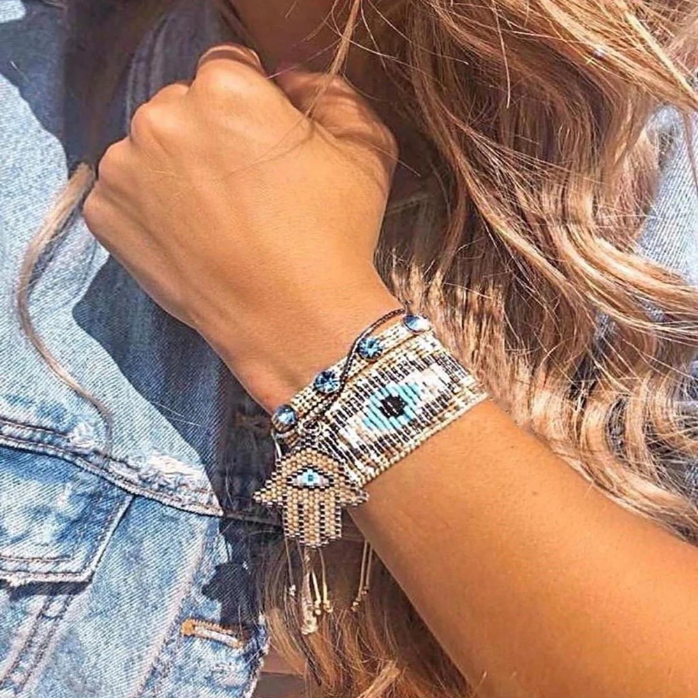 BLUESTAR Evil Eye Bracelet MIYUKI Turkish Eye Bracelet Jewelry Femme Crystal Handmade Tassel Hand Palm Pulseras