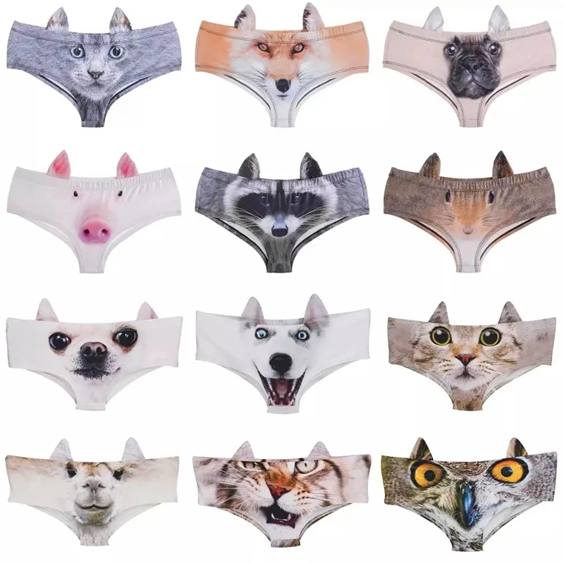 3D Stereo Ears Women\'s Underwear Cute Animal Printed Underpants Sexy Low-Waist Panties Solid Color Female Briefs