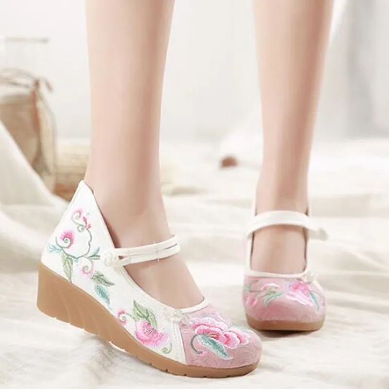 Spring Ladies Floral Embroidered Wedges Pumps Woman Ethnic Mary Jane Dress Shoes Summer Cover Heel Sandals Casual Espadrilles