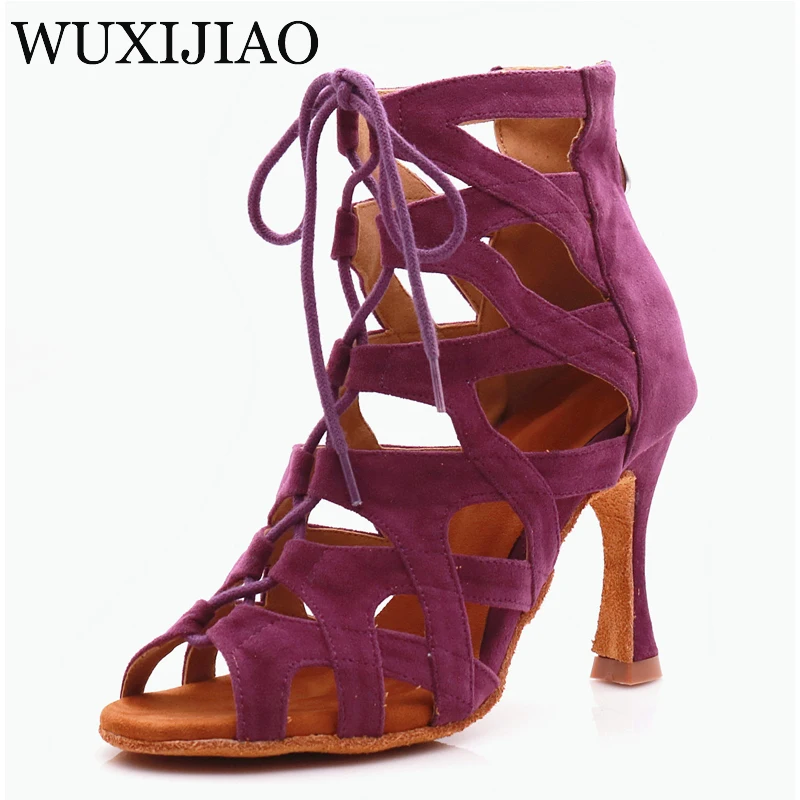 WUXIJIAO brand fashion ballroom dance Latin tango shoes ladies soft bottom high heels women bandage Latin dance shoes 9CM