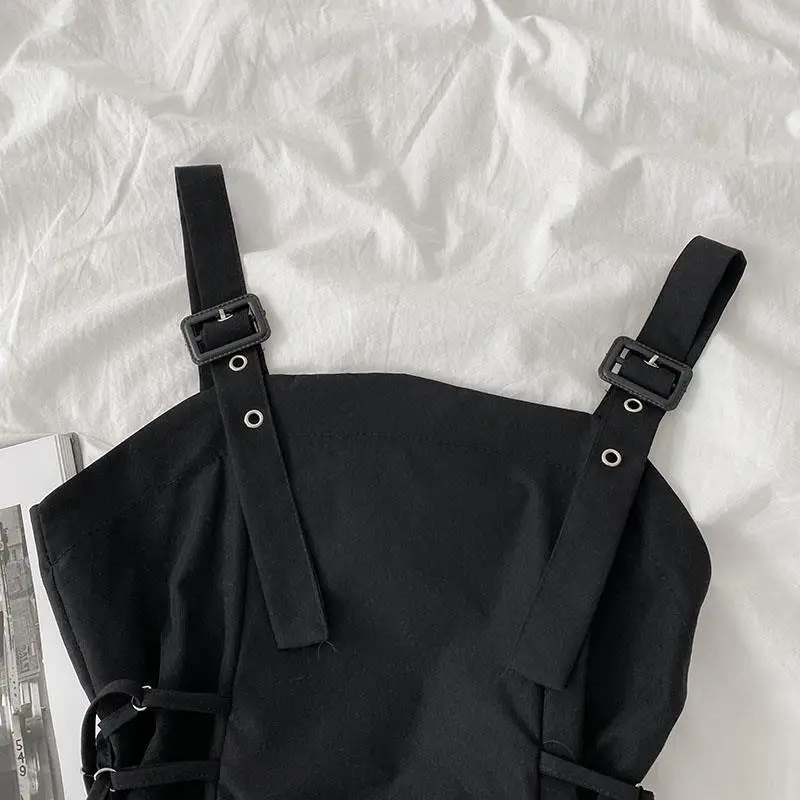 Streetwear Women Dress Fashion Summer Asymmetrical Sleeveless Sundress Lace-up Vintage Black Solid College Harajuku Chic Girls