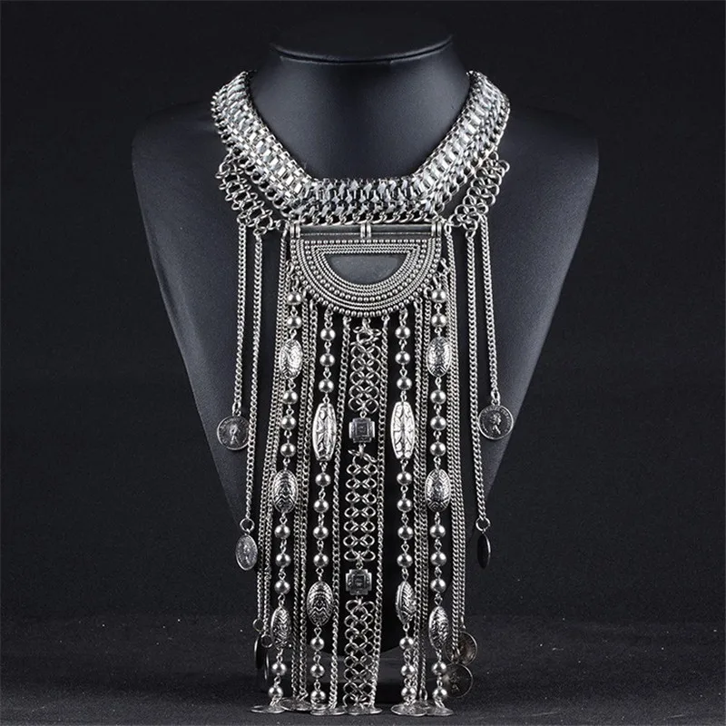 Fashion Maxi Long Tassel Statement Necklace Women Boho Indian Ethnic Vintage Coin Big Chunky Collar Necklaces Jewelry 2024 New