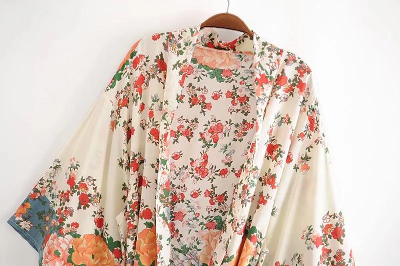 BOHO Location Floral Print Long Kimono Shirt Beige Hippie Women Lacing up Tie Bow Sashes Long Cardigan Loose Blouse Tops Holiday