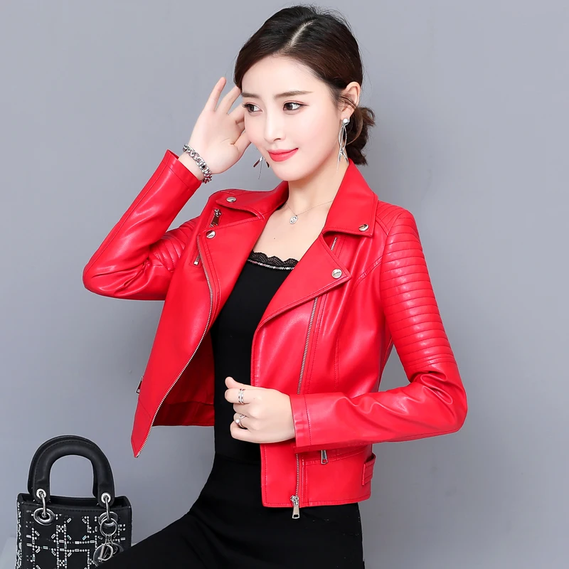 

2023 Spring New Women Faux Leather Jacket Biker Coat Turndown Collar Motorcycle Jackets Female Slim Fashion Streetwear Outerwear