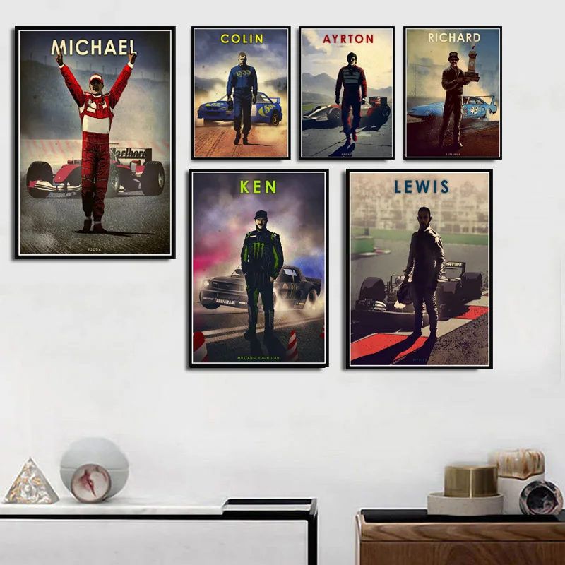 حار F1 سائق أيرتون سينا كين مايكل نيكي ريتشارد خمر الفن اللوحة جدار صور غرفة المعيشة ديكور المنزل رباعية كوادروس