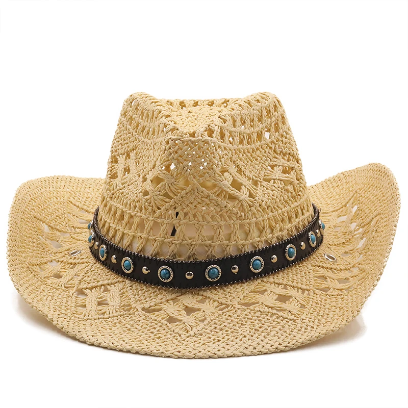 men Straw Western Cowboy Hat Hand Made Beach Felt Sunhats Party Cap For Man Woman Curling Brim Cap Sun Protection Unisex Hats