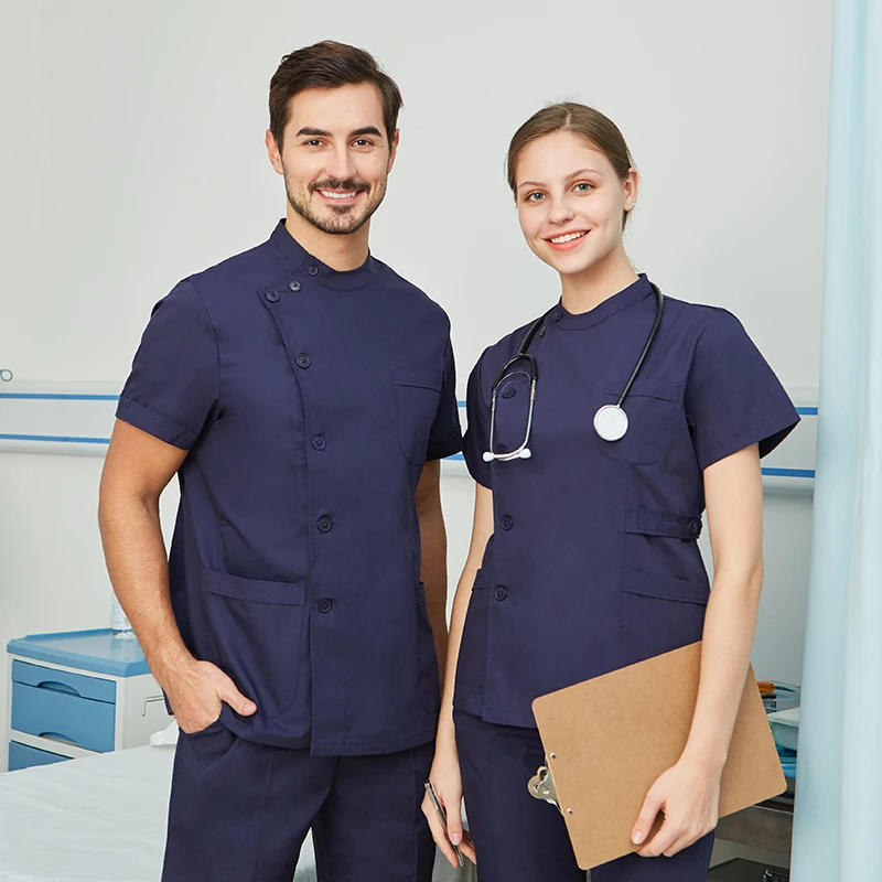 Klaring Scrubs Verpleging Uniformen Voor Vrouwen Mannen Set Top En Broek Wit Marineblauw Poplin Dunne Stof Petite Lang Of werkkleding