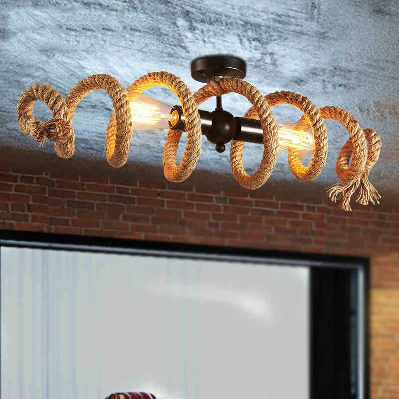 Retro Hemp Rope Chandelier E27 Industrial Pipe Ceiling Lamp For Restaurant Living Room Bar Cafe American Twisted Hanging Lamp