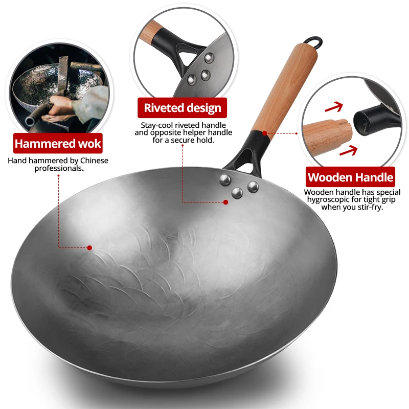 Konco Handmade Wok Smokless Cookware Uncoated Iron Pot Frying Pan Non-Stick Chinese Cast Iron Wok  kitchen Pot skillet