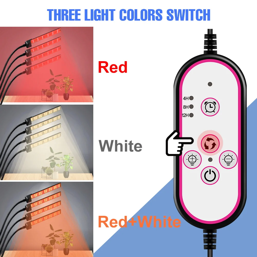 Luces LED para crecimiento de plantas, fitoamplificador LED de espectro completo para plantas, temporizador, 3 colores, atenuación, invernadero