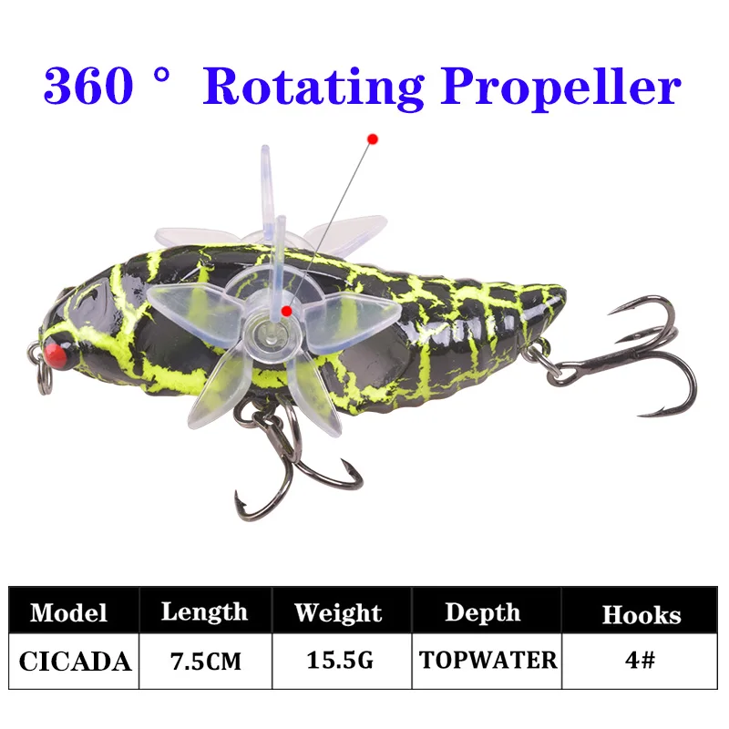 1 Pcs Spin Propeller​ Cicada Wings​​ Fishing Lure 7.5cm 15.5g Top Water Wobblers Plastic Artificial Bait With 4 # Strong Hooks​