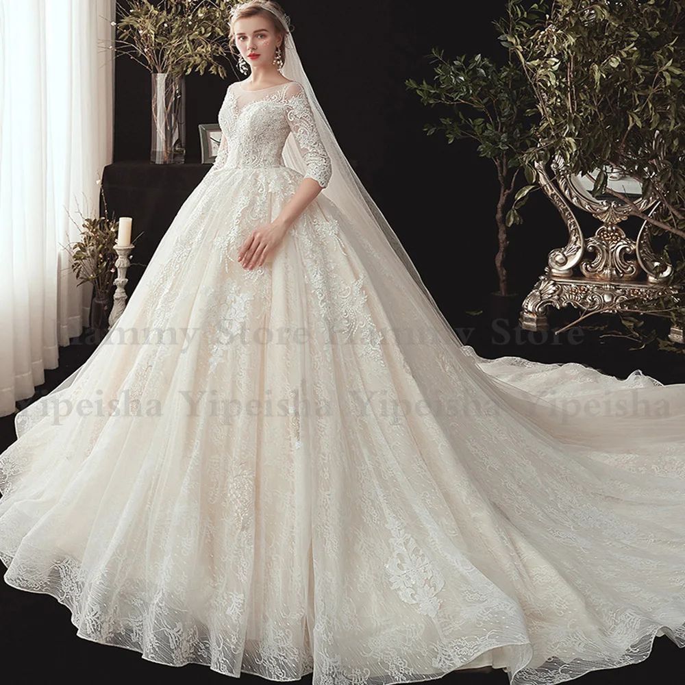 Luxury Lace Wedding Dresses 2022 Long Sleeves O Neck Beads Pearls Ball Gown Bride  Court Train Exquisite Bridal Gowns