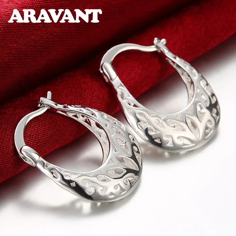 Aravant 925 Silver Hollow Flowers Hoop Earring For Women Wedding Charm Jewelry