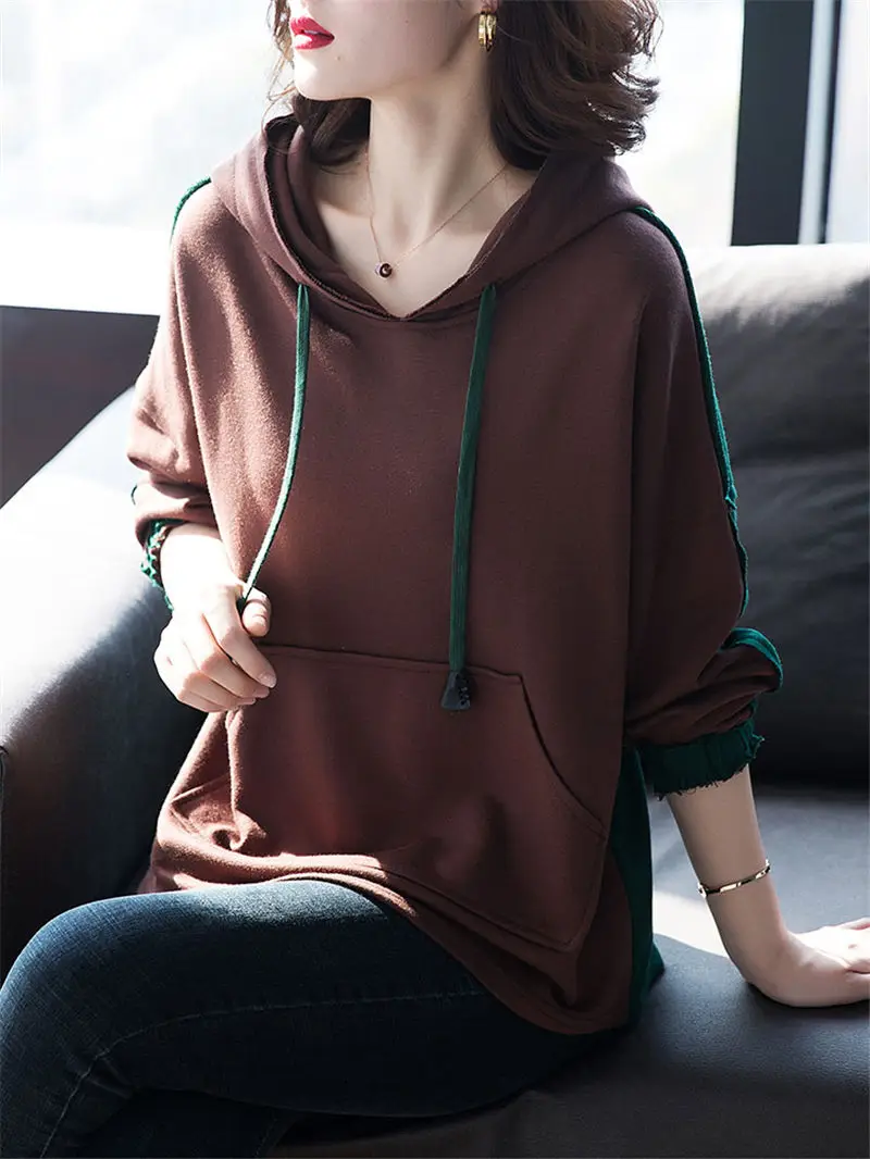 봄 가을 Hoodies 여성 의류 한국어 5XL 느슨한 긴 소매 후드 스티칭 운동복 포켓 캐주얼 탑 여성 e504