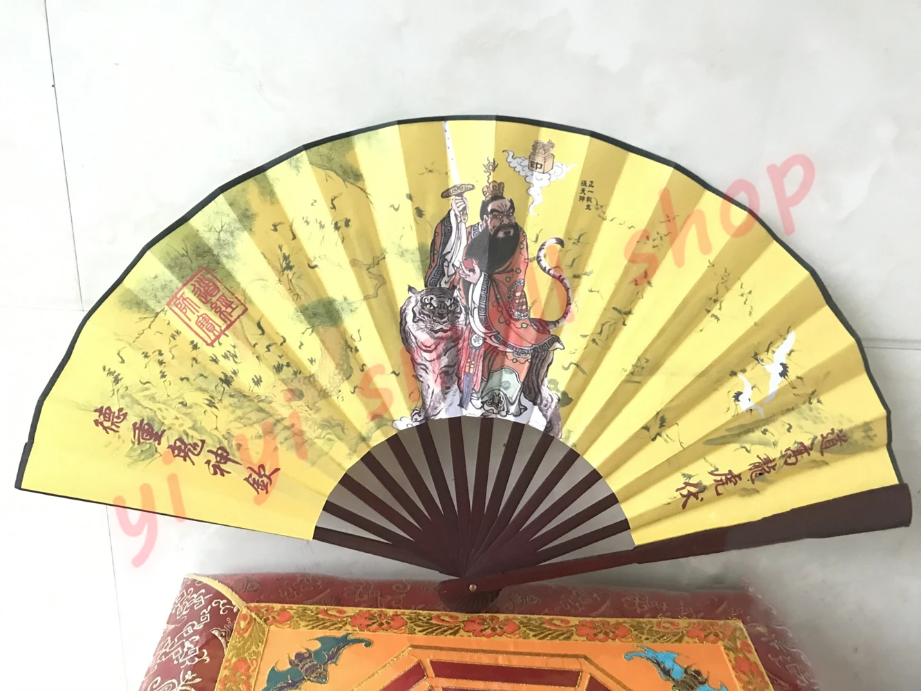 Taoist Dharma Fan, Tianshi Zhang Riding a Tiger, Peace Change Folding Fan, Taoism Dharma Tools, Silk Cloth