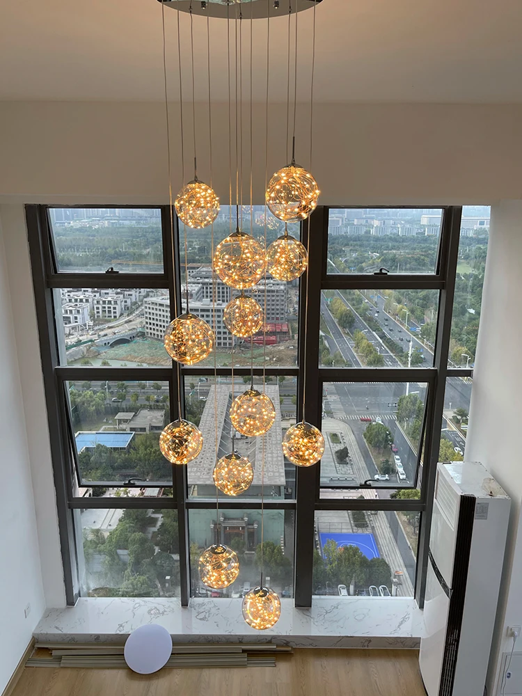 Modern led gypsophila spiral staircase lighting chandelier long chandelier living room villa kitchen attic glass chandelier