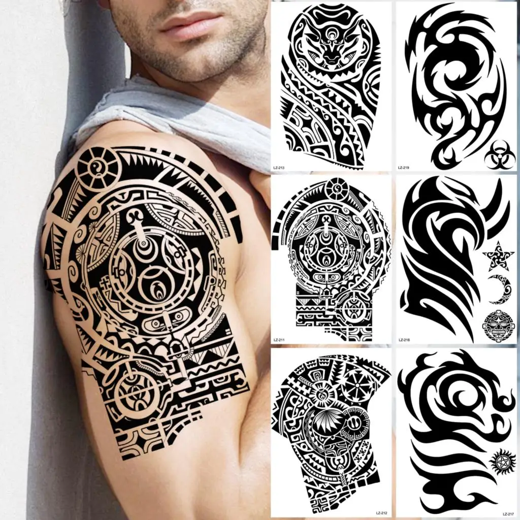 Totem nero bracciale tatuaggi temporanei per uomo ragazzi Maori Star impermeabile tatuaggio finto adesivo braccio coscia tatuaggi trasferimento acqua