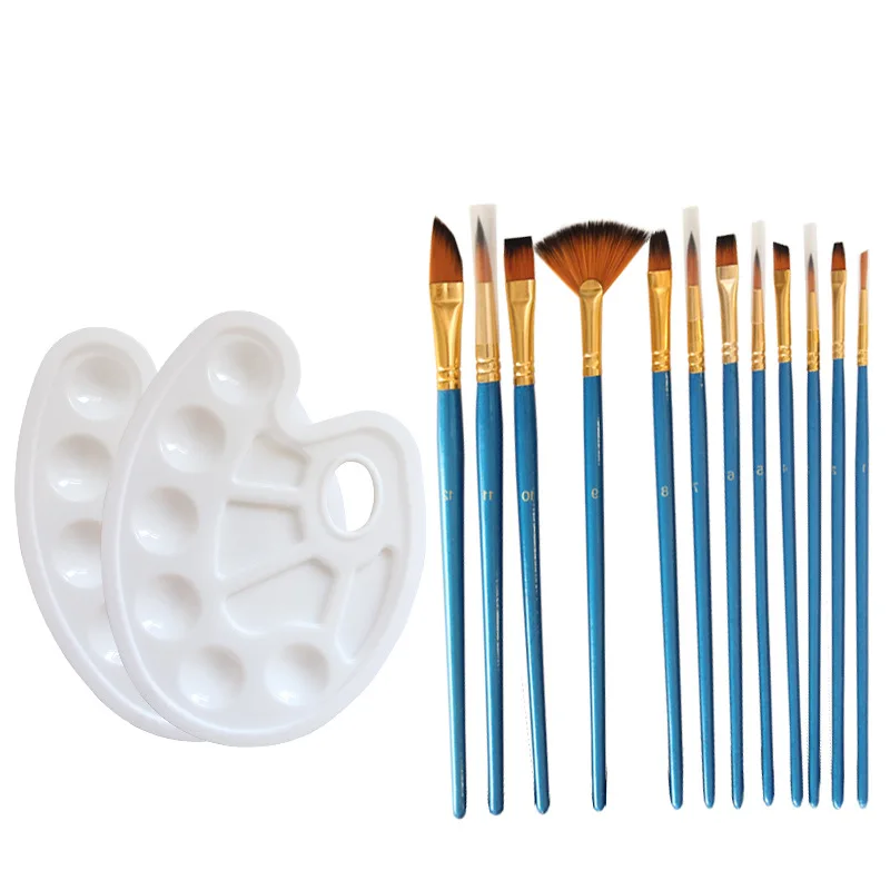 12 Pearlescent Blue Brushes with 2 Palette Combination Set 14 Nylon Wool Brushes Art Supplies for Painting