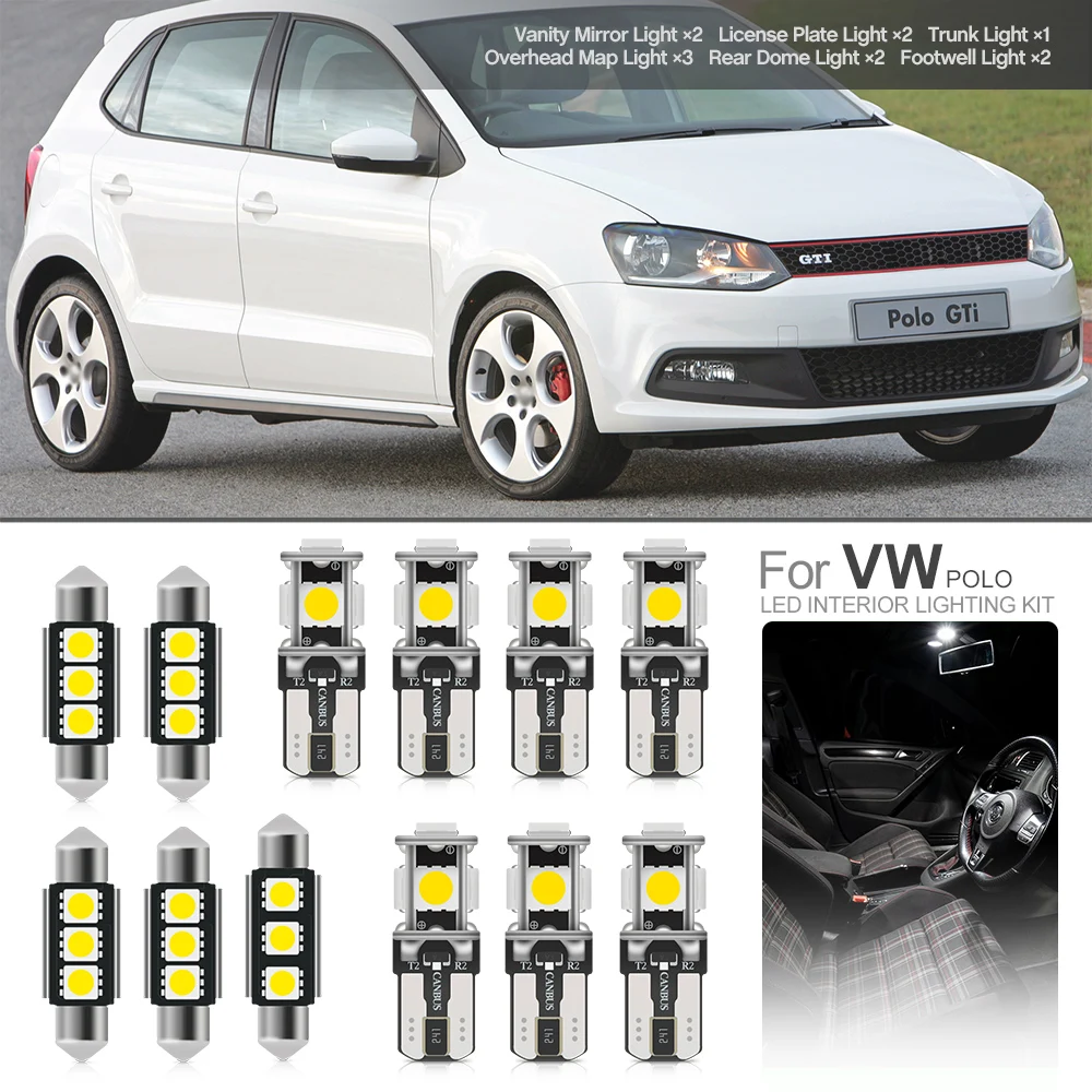 Dla 2009 2010 2011 2012-2017 VW Polo GTI MK5 6R 6C 61 Canbus Led wewnętrzna lampka zestaw żarówek biały kopuła mapa uchwyt do tablicy rejestracyjnej na bagażnik lampa