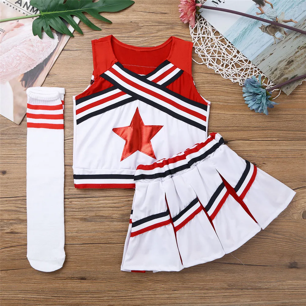 Kids Girls Cheerleader Costume Sleeveless Tops With Shorts Skirt Socks Set School Musical Team Suit Cheerleading Uniform