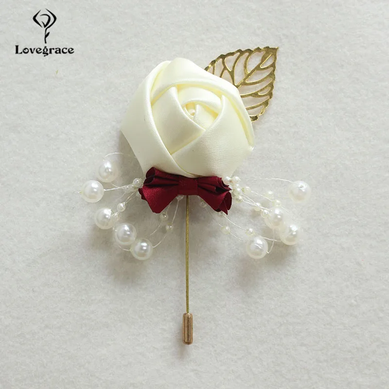 Lovegrace Silk Rose Wedding Mannen Boutoniere Imitatie Parel Kunstmatige Gouden Bladeren Decor Bruidegom Boutonniere