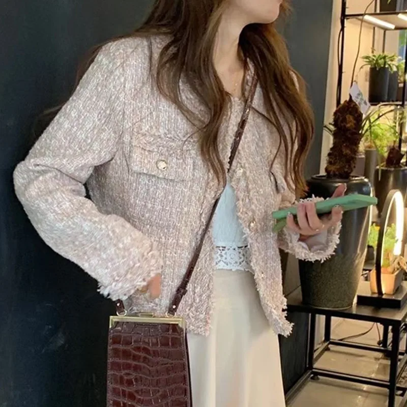 SMTHMA New Fashion coreano Chic Vintage Tweed giacca di lana cappotto donna autunno monopetto Plaid nappa Office Lady Outwear