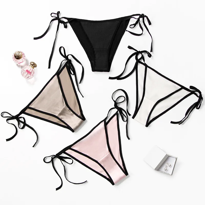 Birdsky, 5pcs Women thongs T back briefs panties sexy tie underwear 88% mulberry silk 12% spandex low waist, 4 colors. S-42