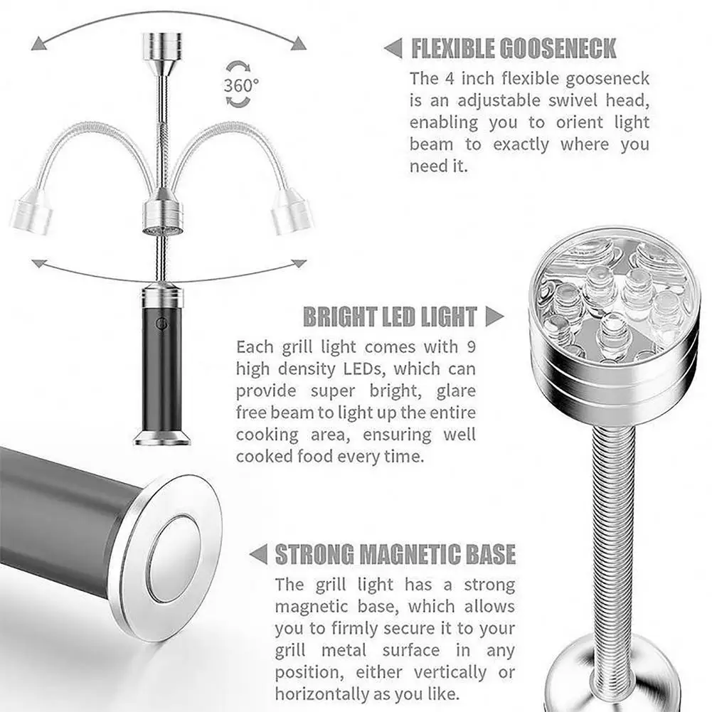 Grill Light 2 Pack outdoor Grill Lights BBQ Light con luci a LED luminose Base magnetica e collo d'oca flessibile Great BBQ Ac