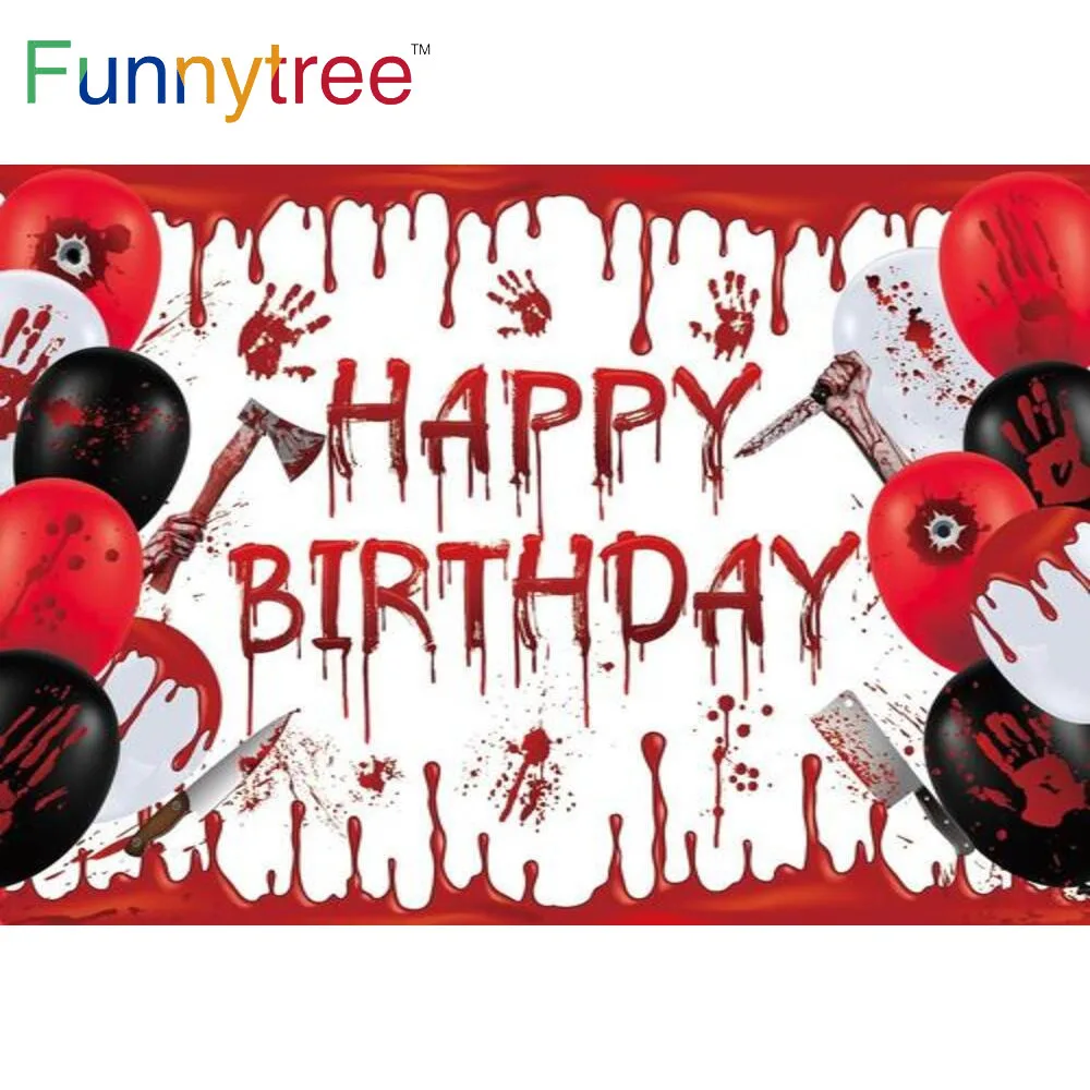 Funnytree Happy Birthday Halloween Party Backdrop Red Black Balloons Handprint Blood Stains Trick Horrible Photobooth Background