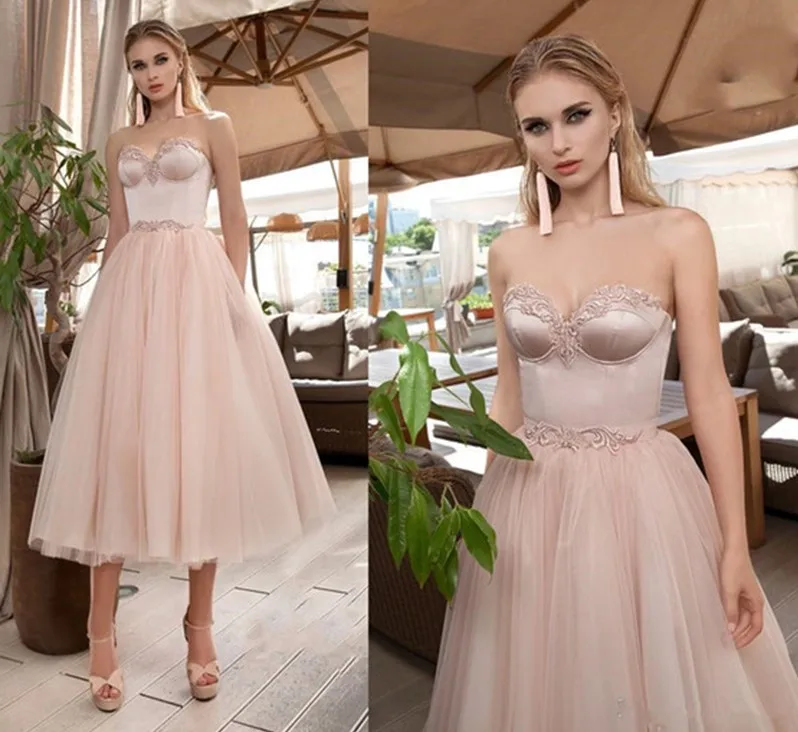 새로운 핑크 a 라인 댄스 파티 복장 아가씨 Appliqued Tulle Short Evening Gowns 차 길이 공식 Gratuation Wear Vestidos