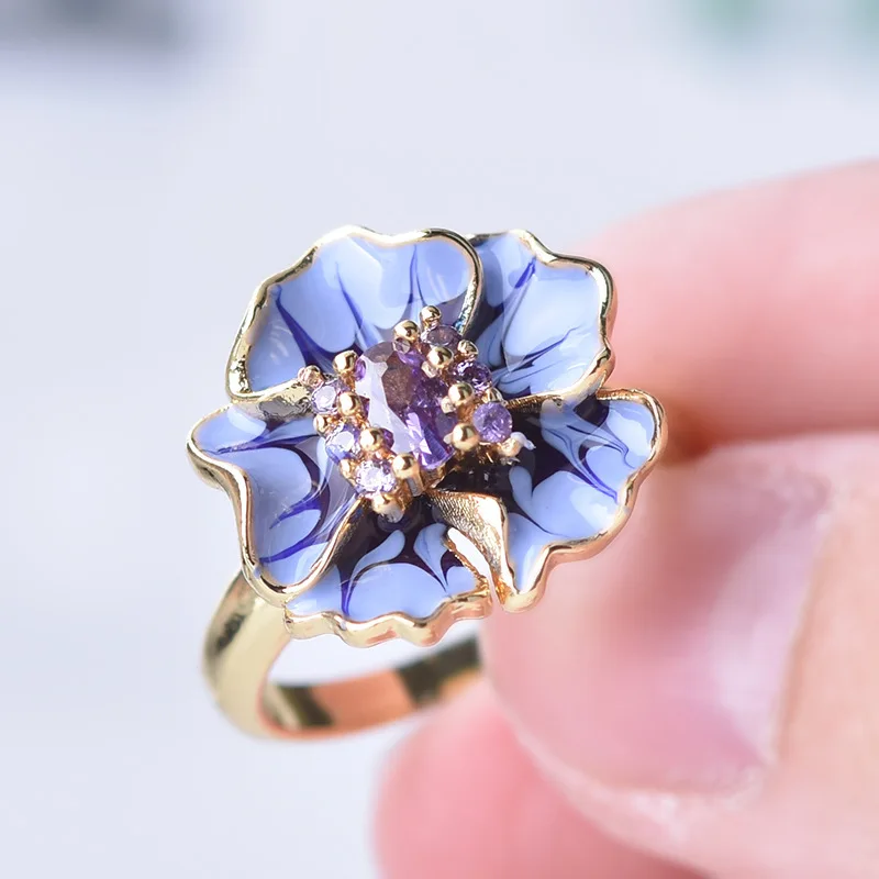 Exquisite Purple Dripping Oil Flower Ring Women' Fashion Purple Crystal Ring Engagement Ring Bridal Wedding Jewelry Lover's Gift