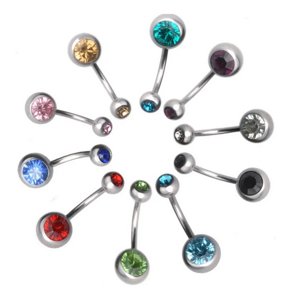 Mix Color Belly Button Rings Navel Piercing Bar Double Crystal Head Stainless Steel Cubic Zirconia Stone Body Jewelry