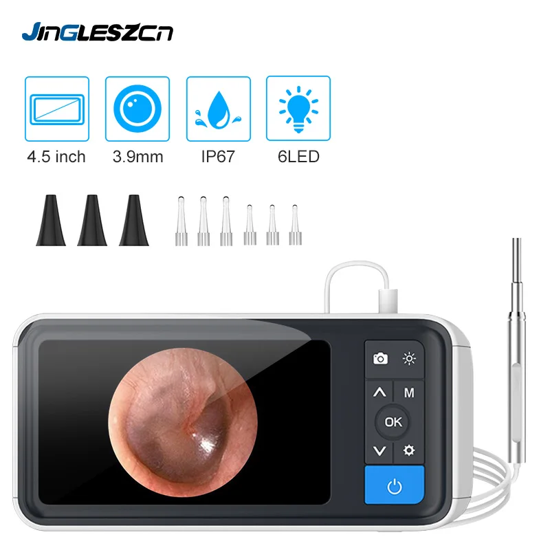 Digital Otoscope 3.9mm Lens Ear Inspection Camera 4.5 inch IPS Color Screen with 6 LED IP67 720P HD CMOS Sensor for Ear Nose