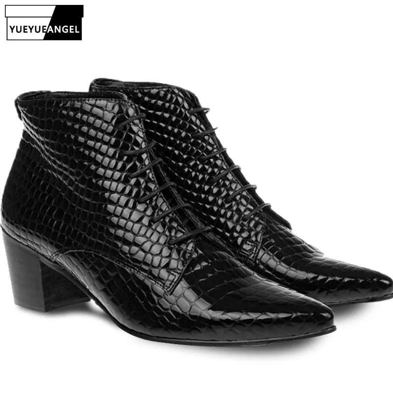 Brand Pointed Toe High Heel Genuine Leather Shoes Men Fashion Lace Up Dress Ankle Boots Black Snakeskin High Top Basic Boots