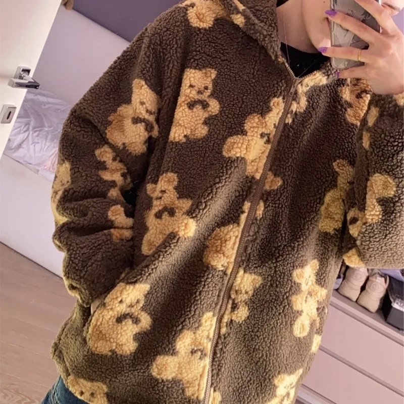 90s Aesthetic Outwear White Kawaii Winter Clothes Women Thick Lamb Wool Bear Coat Oversize Zip Up Hoodies Long Sleeve E-girl Top