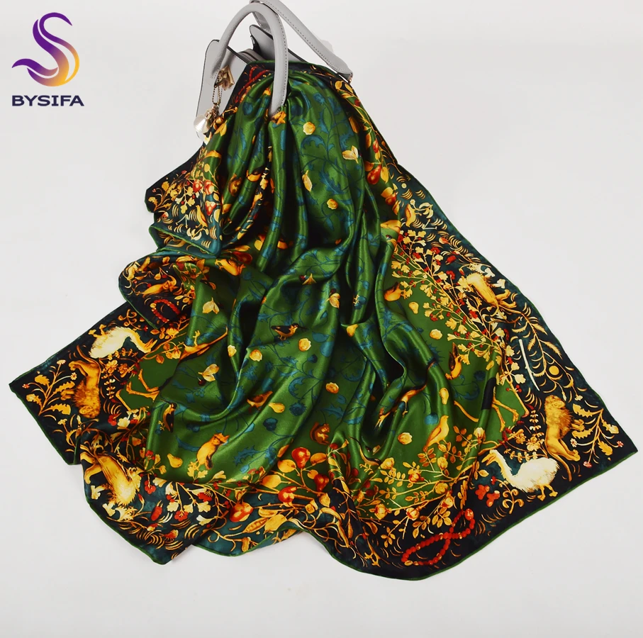 BYSIFA|Winter Gold Green Natural Pure Silk Scarf Shawl Fashion Floral Design Scarves Hijabs Brand Accessories Scarf Cape 110*110