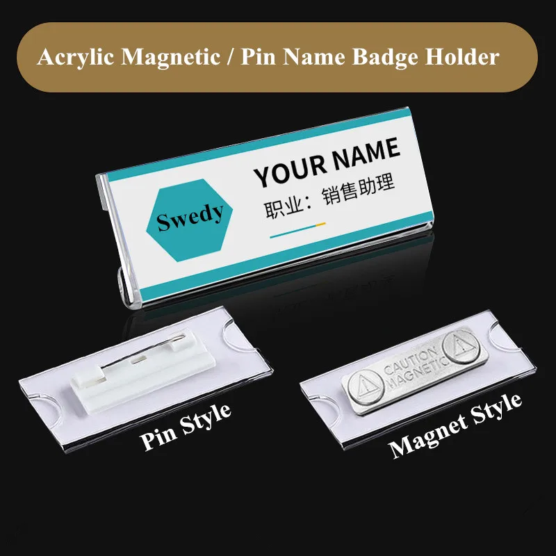 5 Pcs Name ID Badge Holder Case Pins/Magnets Acrylic Name Plate Badge Holder Card Name Tag