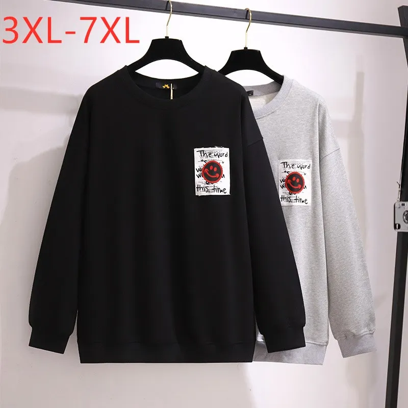 

New 2021 Spring Autumn Plus Size Women Clothing Oversize Pullover Long Sleeve Cotton Gray Print Sweatshirt 3XL 4XL 5XL 6XL 7XL