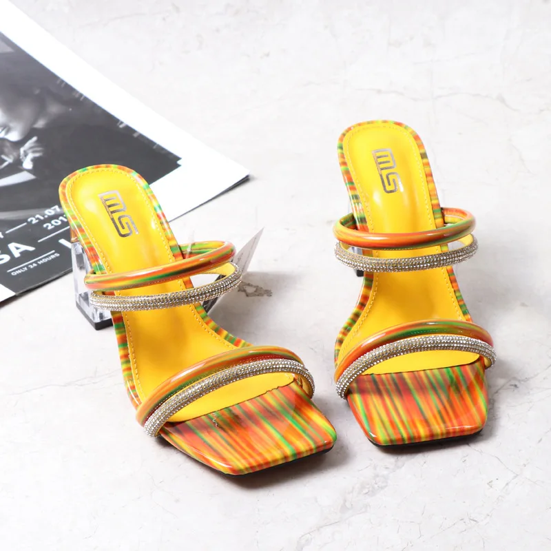 2023 Women 9cm High Heels Mules Slides Square Block Clear Heels Crystal Rainbow Slippers Girls Summer Colorful Fetish Red Shoes