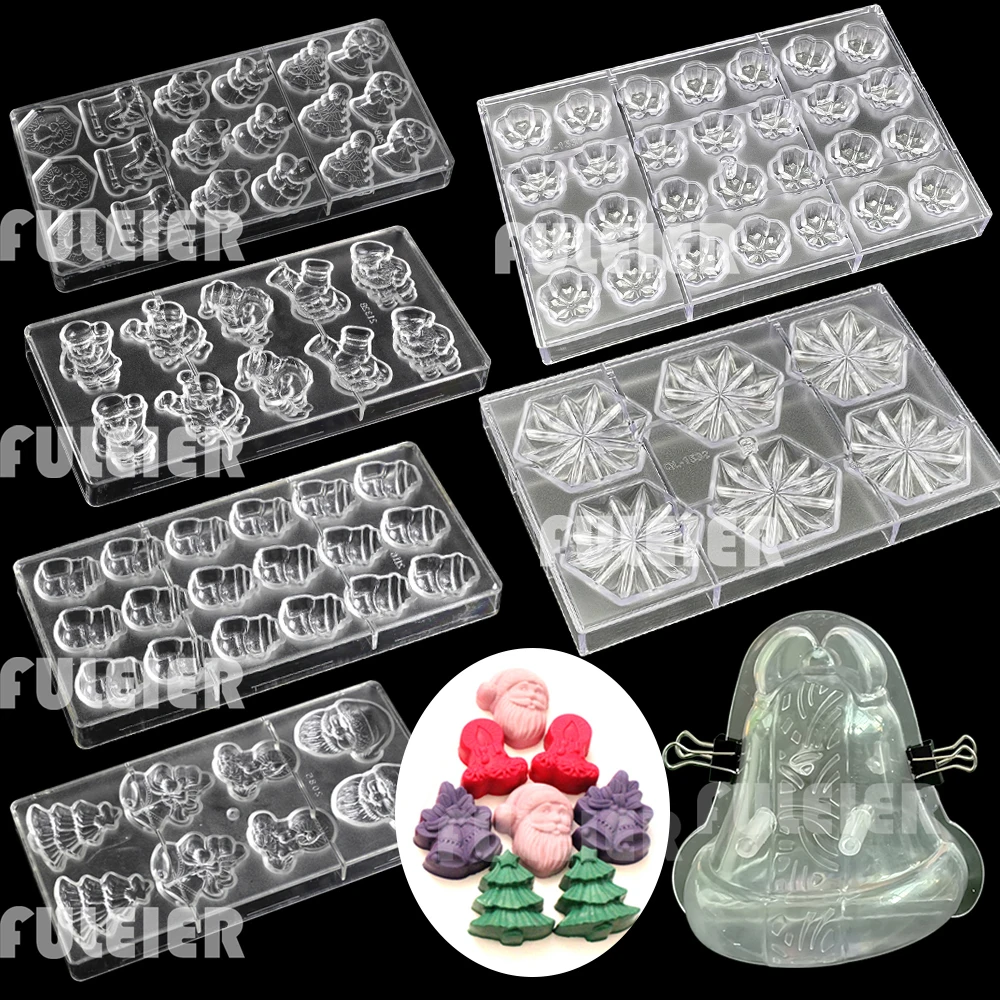 Christmas Polycarbonate Chocolate Mold Santa Claus, Snowman, Bell, Christmas Tree Mousse Candy Chocolate Mould Baking Cake Tool