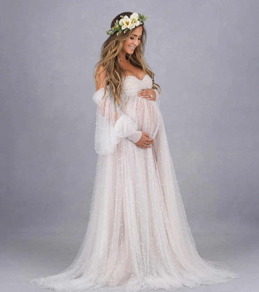 

White Off The Shoulder Maternity Dresses For Photoshoot Pearls Long Sleeves Nightgown Photography Tulle Pregnancy Women Dresses