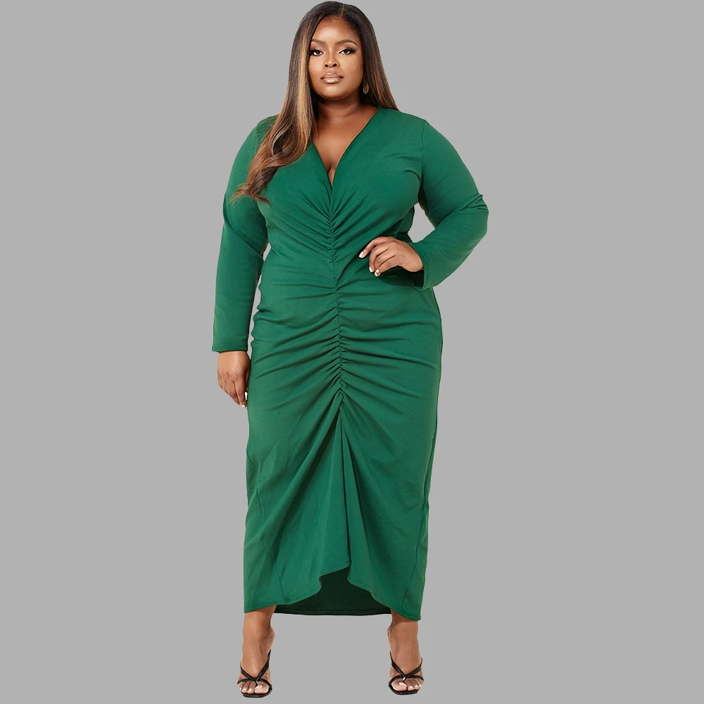 

Women's Clothing Sexy V Collar Pleated Long Sleeve Solid Color Street Wear Plus Size Long Dress 4xl 5xl Wholesale Dropshipping