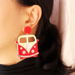 KUGUYS Cute Red Bus Drop Earrings for Women Acrylic Trendy Jewelry Interesting Music and Arts Festival Accessories